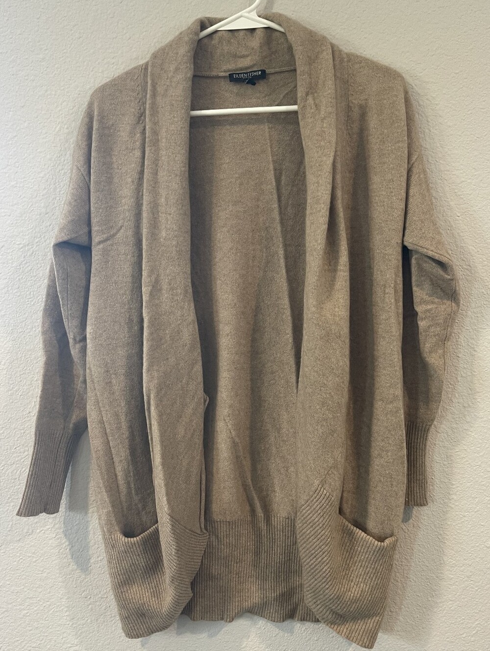 Eileen Fisher Womens 100% Cashmere Tan Oatmeal Open Front Cardigan Sweater SZ PM